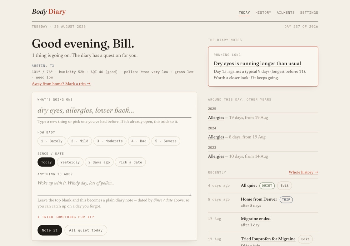 The Body Diary daily screen: a plain-language note form, a 'running long' nudge, and this-day-in-other-years