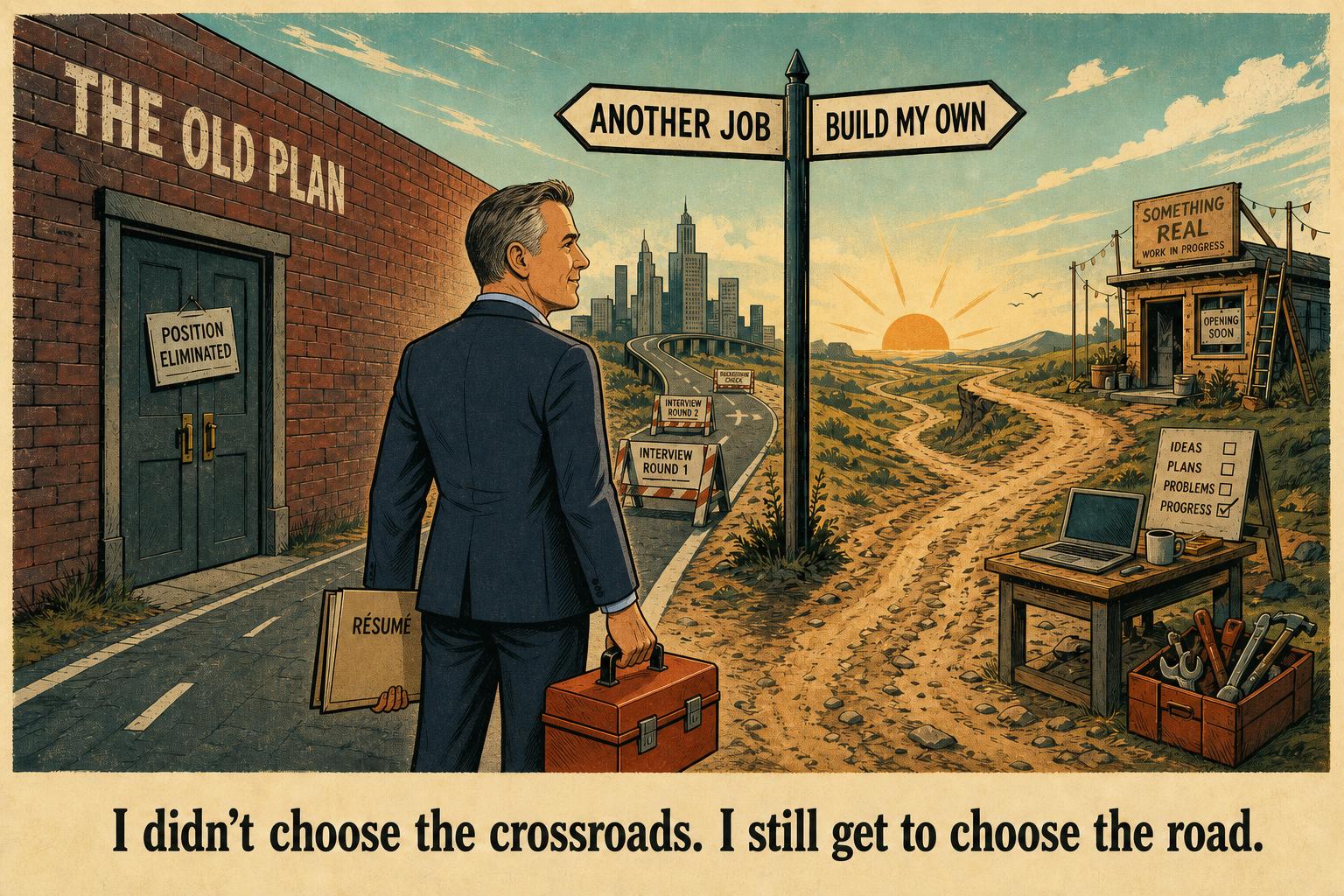 A man at a crossroads. One sign reads 'Another Job,' the other 'Build My Own.' Caption: I didn't choose the crossroads. I still get to choose the road.