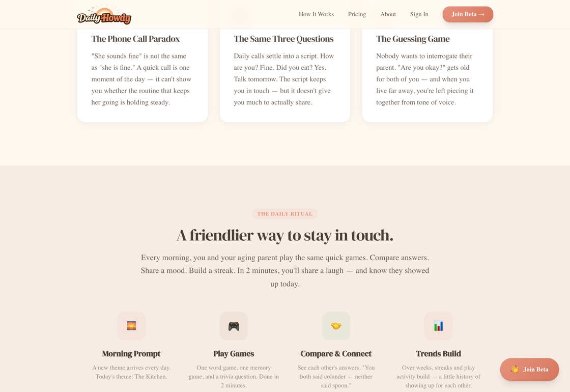 The daily ritual: a morning theme, two quick games and a shared question, compare answers, and a streak