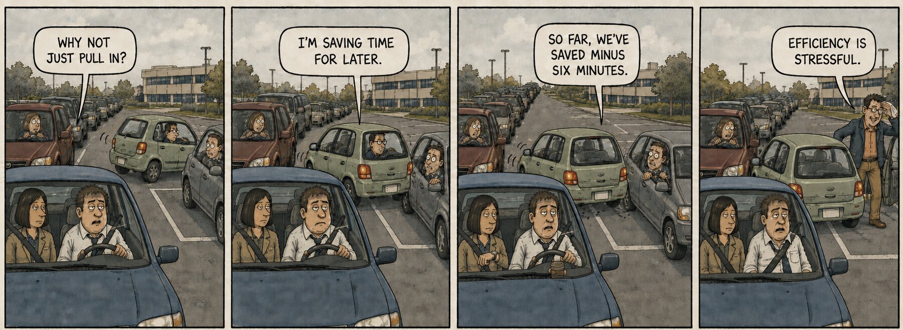 Four-panel comic: a driver backs into a parking spot for minutes while a passenger asks why not just pull in; the payoff line is 'efficiency is stressful.'