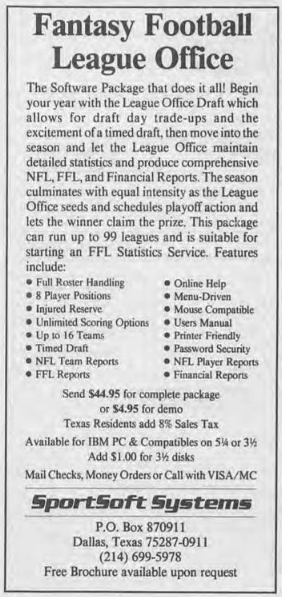 1989 magazine ad for Fantasy Football League Office by SportSoft Systems, Dallas