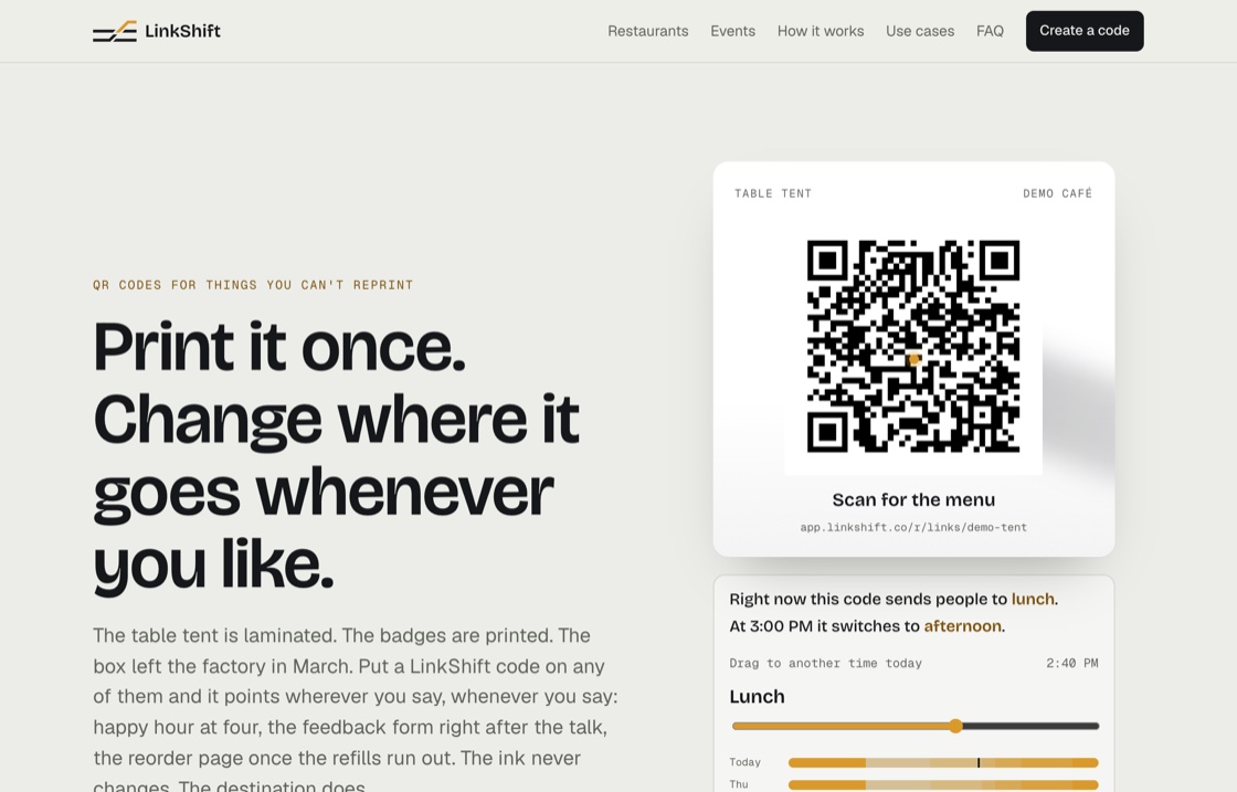 LinkShift marketing site: 'Print it once. Change where it goes whenever you like.'