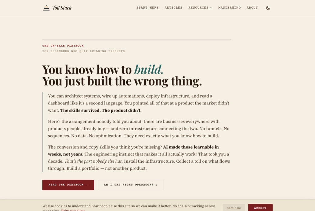 The Toll Stack companion website with the headline 'You know how to build. You just built the wrong thing.'