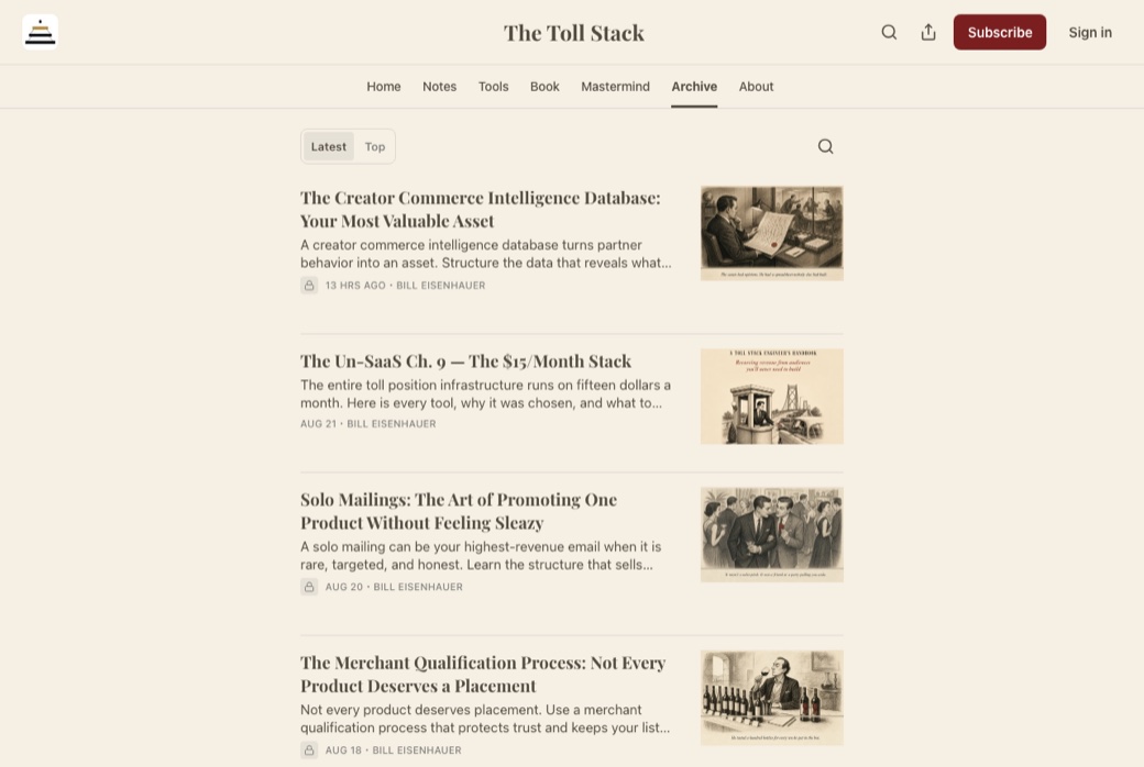 The Toll Stack newsletter archive on Substack, a list of articles each with a cartoon
