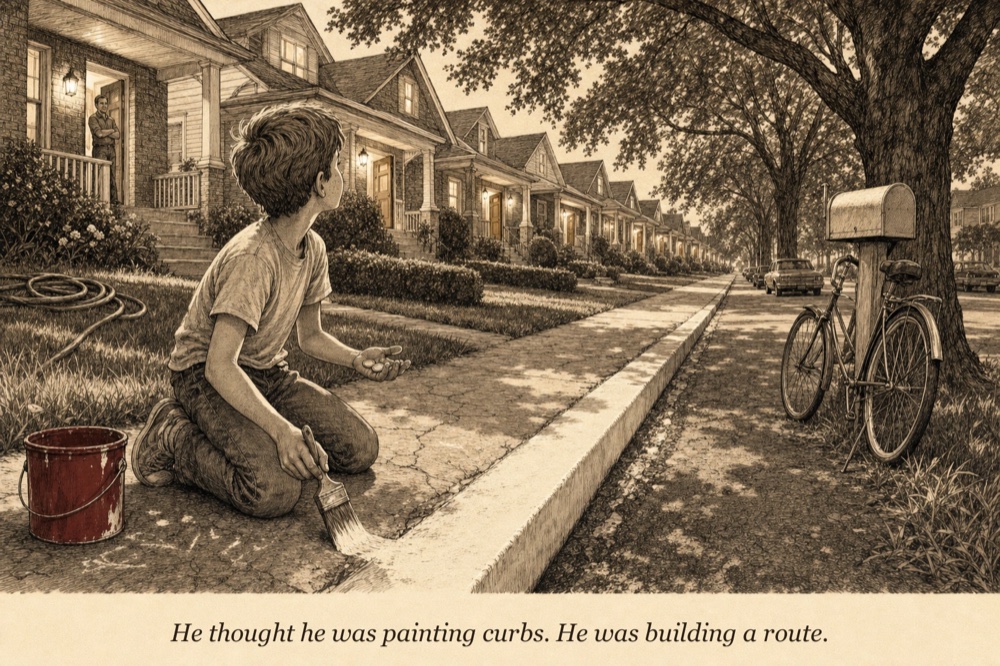 A boy kneeling on a tree-lined street at dusk, painting the curb white