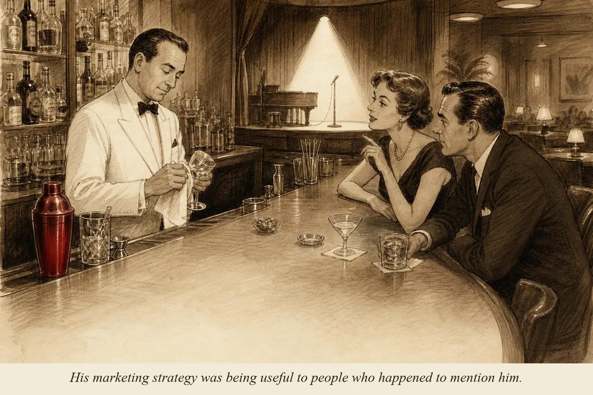 A 1950s-style bartender tending two well-dressed guests at a dim bar, in sepia pencil style
